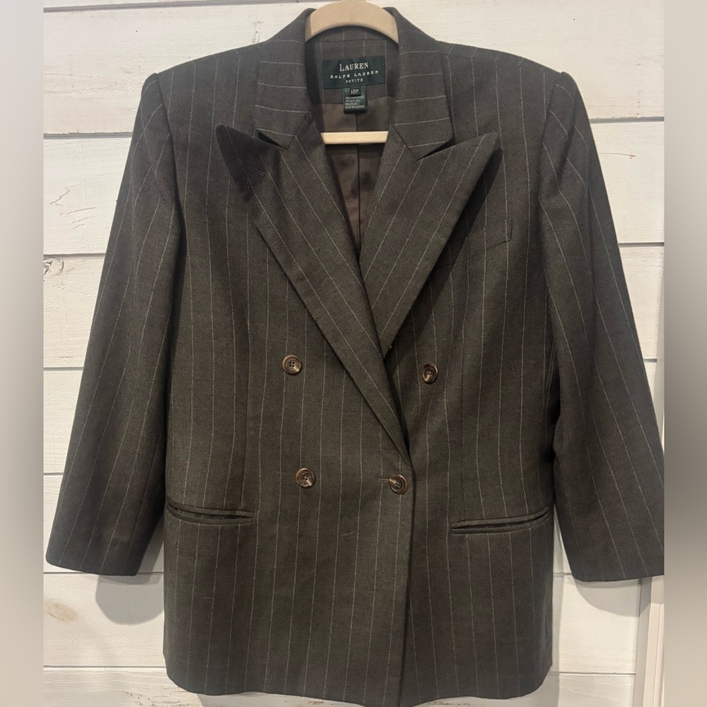 Lauren Ralph Lauren Gray Pinstriped Wool Blazer in size 12 P